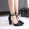 Spring and Summer New Shallow Women's Single Shoes Cross-strap Pointed Thick Heel High Heels Size Suede Women's Shoes