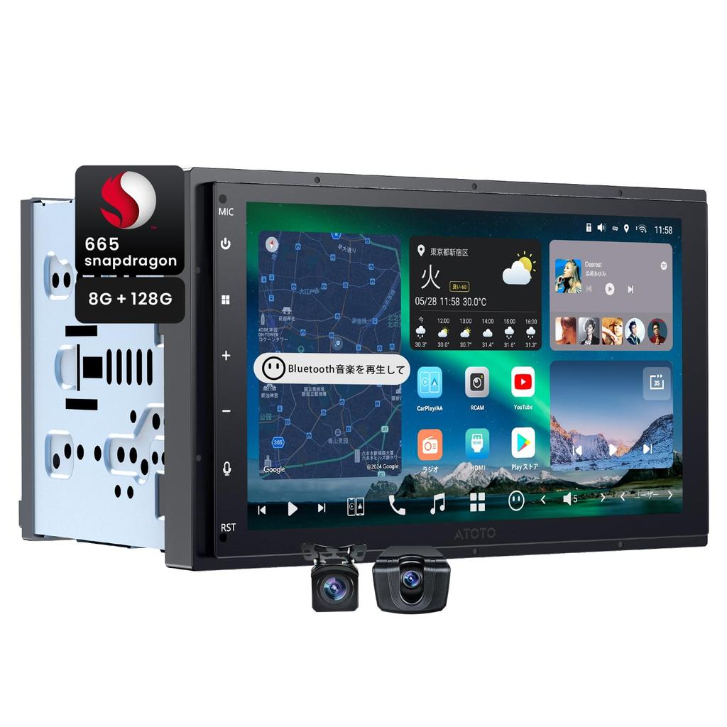 Android Navigation MYATOTO X10 Navigation System with QLED Touchscreen HDMI Dual Bluetooth Front and Rear 4G CarPlay Android GPS 8GB 128GB TF Card