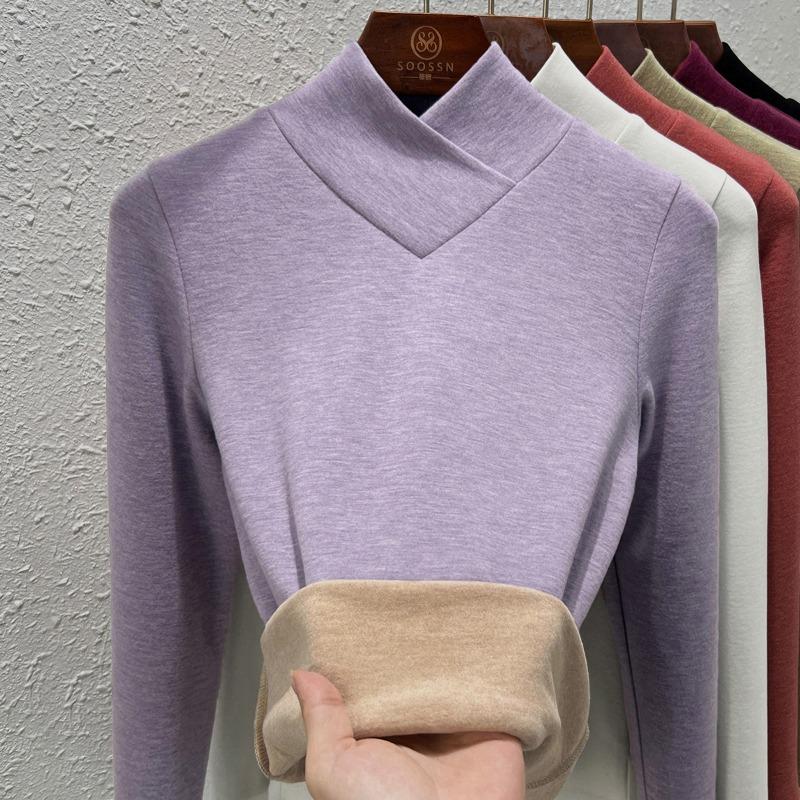Stacked Collar Warm Fleece Bottoming Shirt Women's Autumn and Winter New Semi-turtleneck Long-sleeved Fleece Warm Silk Cashmere Top
