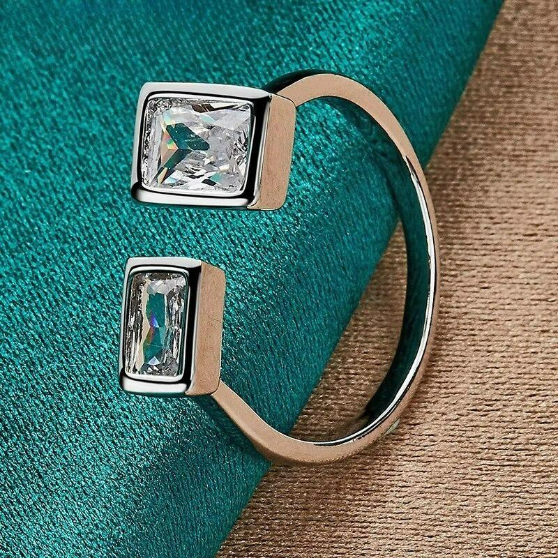 Silver Color Double Square Zircon Open Ring For Women Wedding Party Charm Jewelry