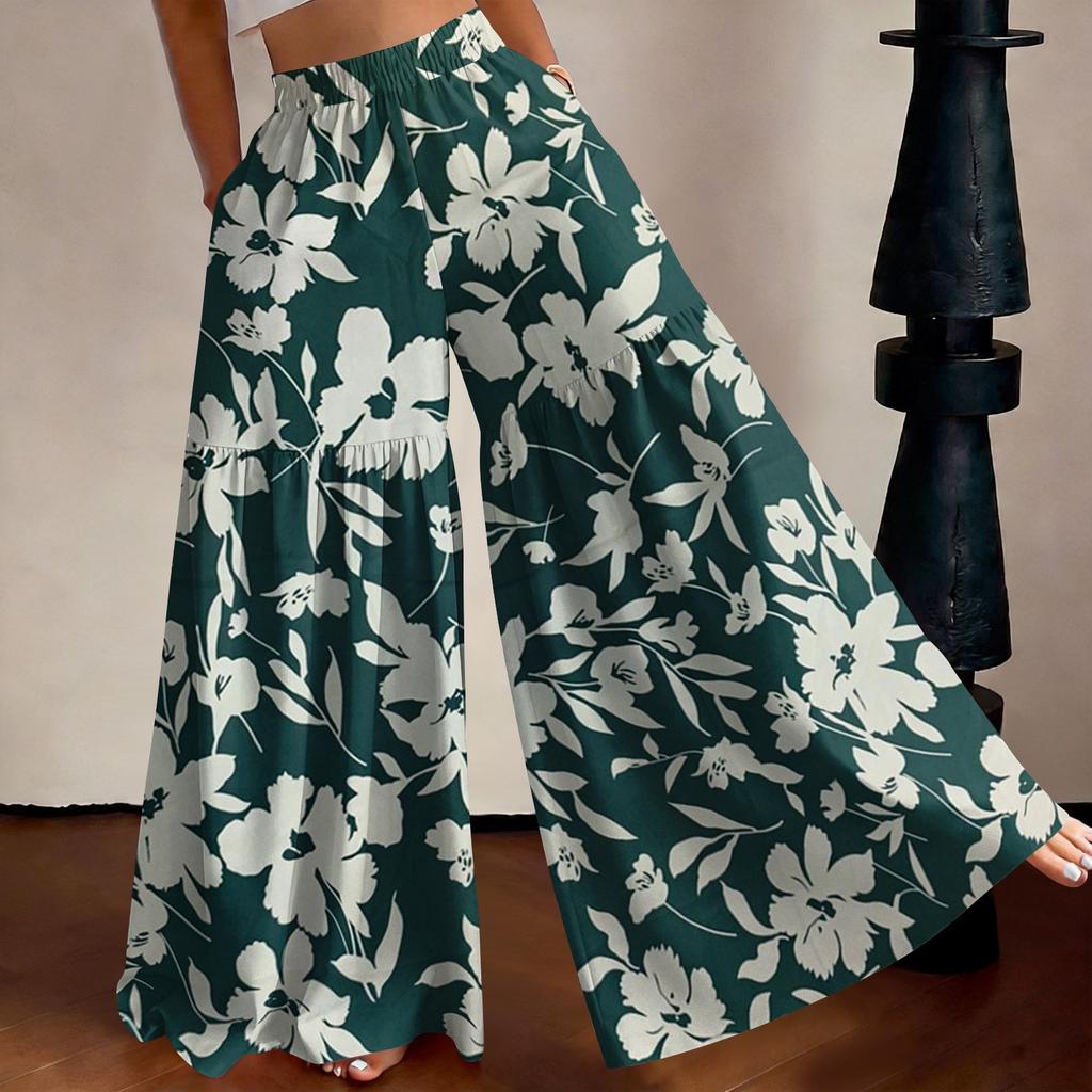 Women's High Waist Wide Leg Pants Loose Fit Lightweight Breathable Floral Print Casual Palazzo Trousers for Summer