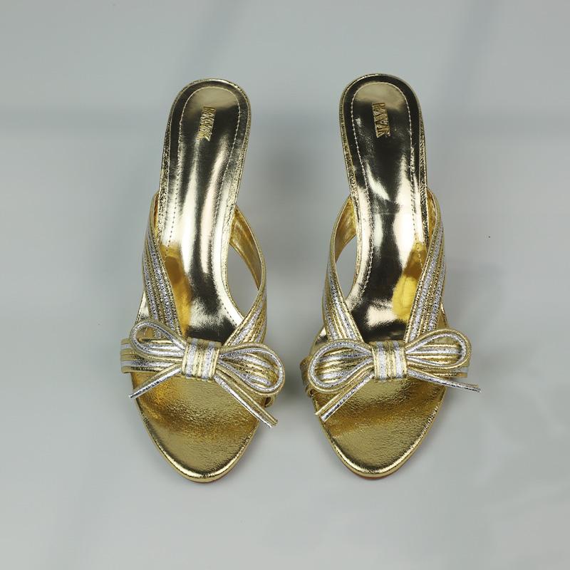 Fashion Luxury Golden High Heels Women Mules Sandals Open Toe Elegant Stiletto Summer Footwear Classic Bow Evening Party Ladies Shoes