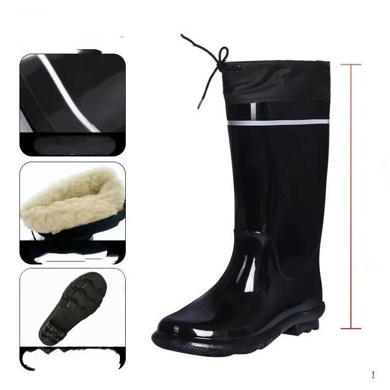 

Мужские уличные толстые светоотражающие маслостойкие кислотощелочестойкие противоскользящие хлопковые высокие резиновые дождевые сапоги 45 чёрный