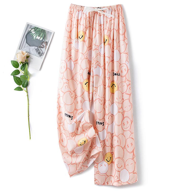 Pantaloni de pijama din bumbac mătase pentru femei, secțiune subțire de vară, anti-țânțari, pantaloni cu picior lat, culoare uni, pentru exterior, casă, petrecere a timpului liber, imprimeu, pantaloni de plajă până la genunchi