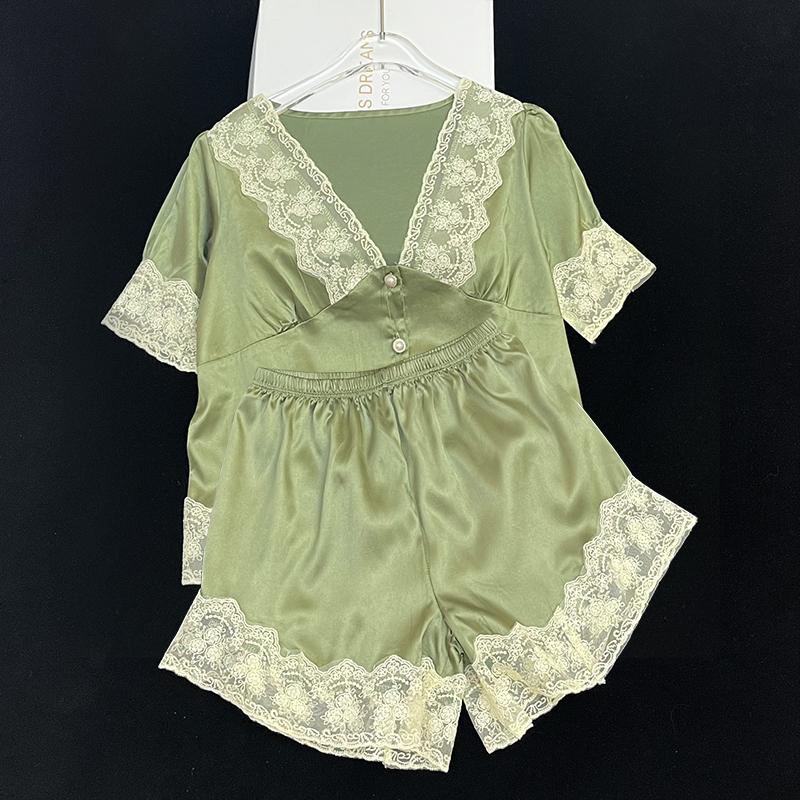 Lace Beads Button Elegant Classy Women's Pajamas Short Sleeve Shorts Bubble Sleeves Housewear  Summer Casual