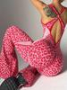 Women's leopard print jumpsuit flared pants, snug and comfortable, with printed shoulder straps and slanted back jumpsuit flared pants.