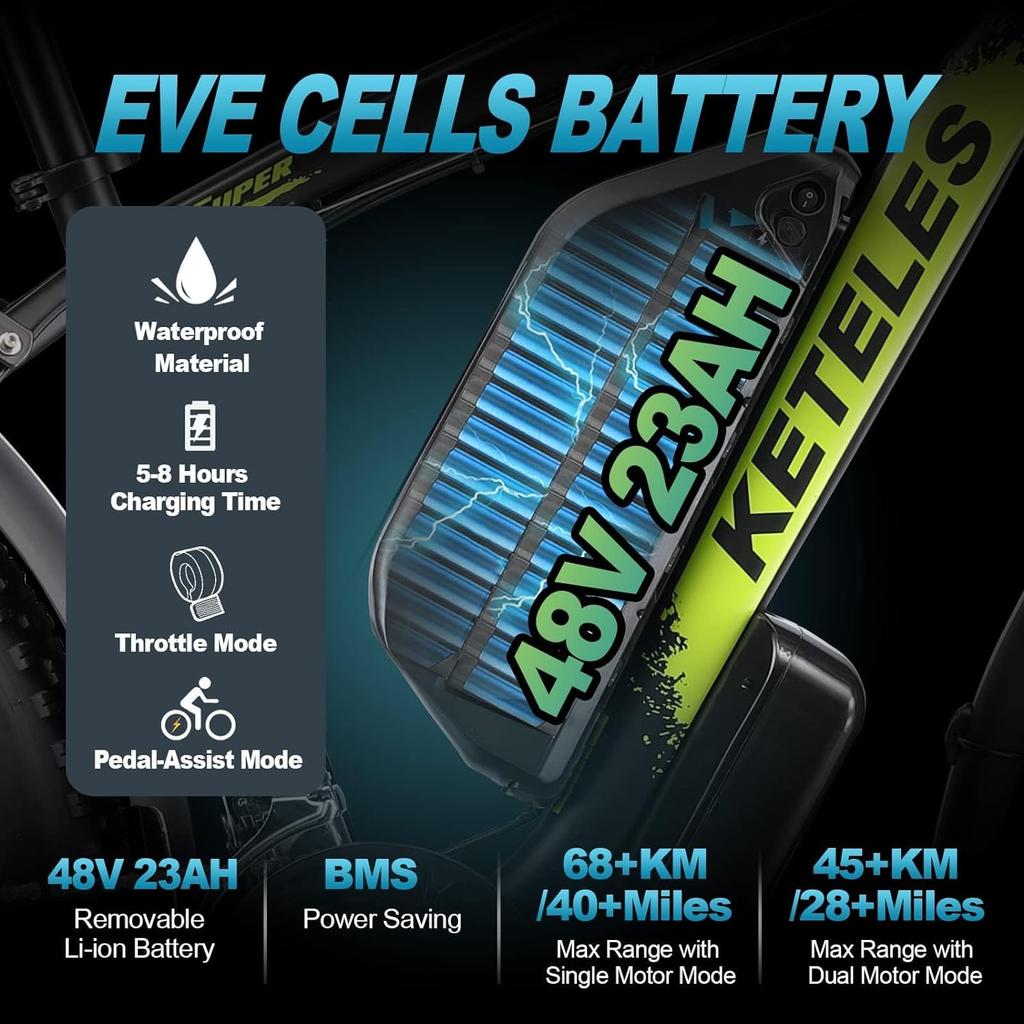 Electric Bicycle All Terrain Keteles k800 26" 1000Wx2 Motor Adult Ebike Top Speed 50Km/h 48V 23AH 21 Speed Load 150Kg