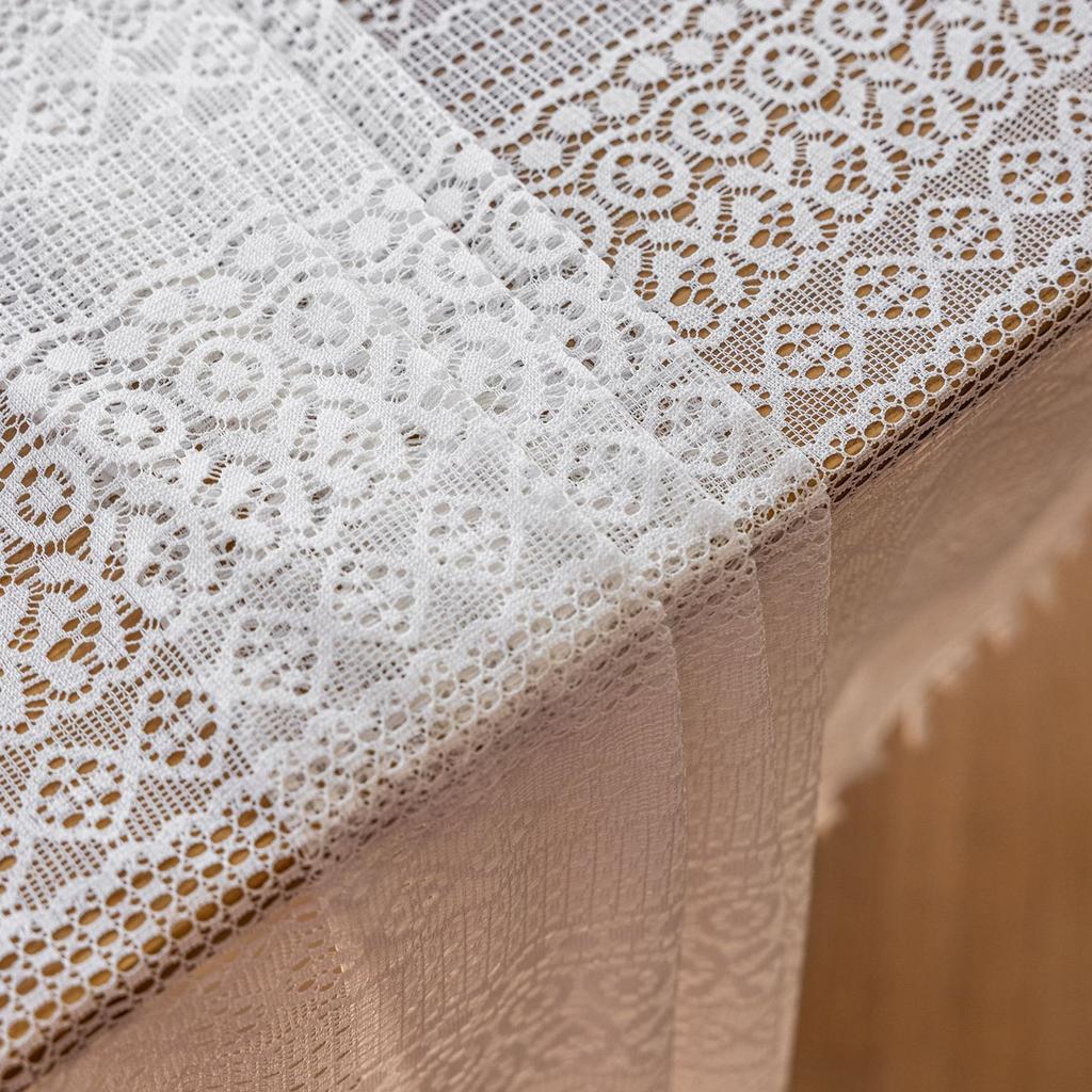 Embroidered Crochet Lace Tablecloth with Tassels - Polyester Blend Rectangular Cover for Kitchen Dining Party Decor, Knit Fabric Weave, White
