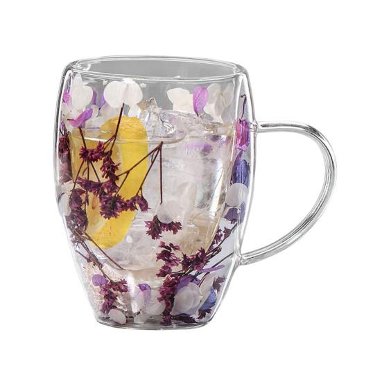 350ML Double Wall Glass Coffee Mug Dries Flower Insulated Glass Cup with Handle Clear Espresso Latte Cappuccino Milk Juice Tea Water Cup