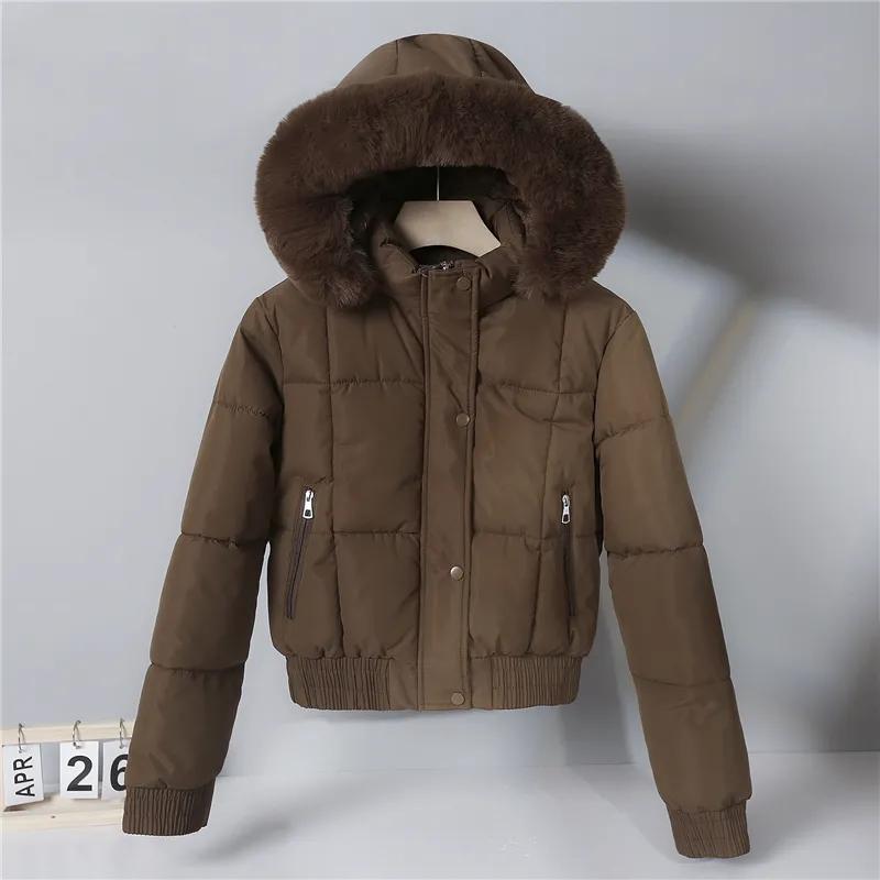 Women's Winter Short Parkas Clothes Add Velvet Thicken Outerwear Fur Collar Removable Hooded Coats Warm Jackets
