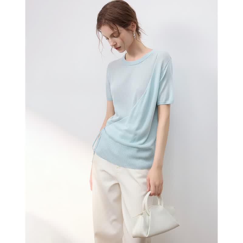 Women s Elegant Asymmetrical Tie-Waist Linen Blend Knit Top L