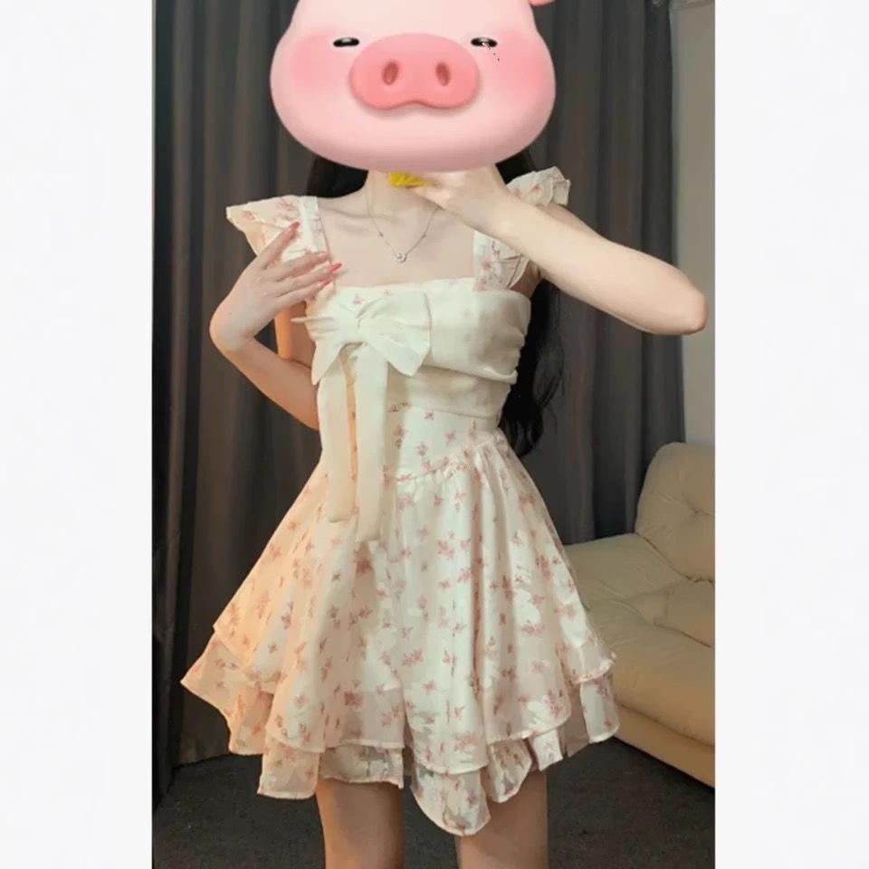 French Sweet Wind Small Flying Sleeves Floral Dress Women's Summer Small Bow Waist On the Run Princess Short Skirt