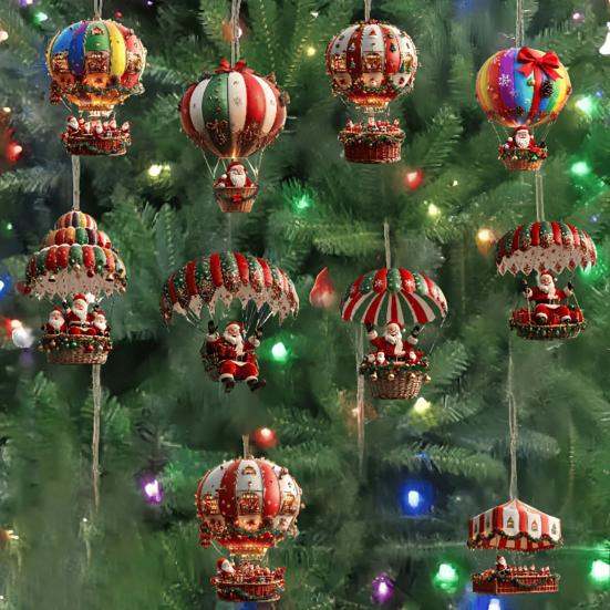Christmas Hot Air Balloon Decoration Wooden 2D Flat Santa Claus in