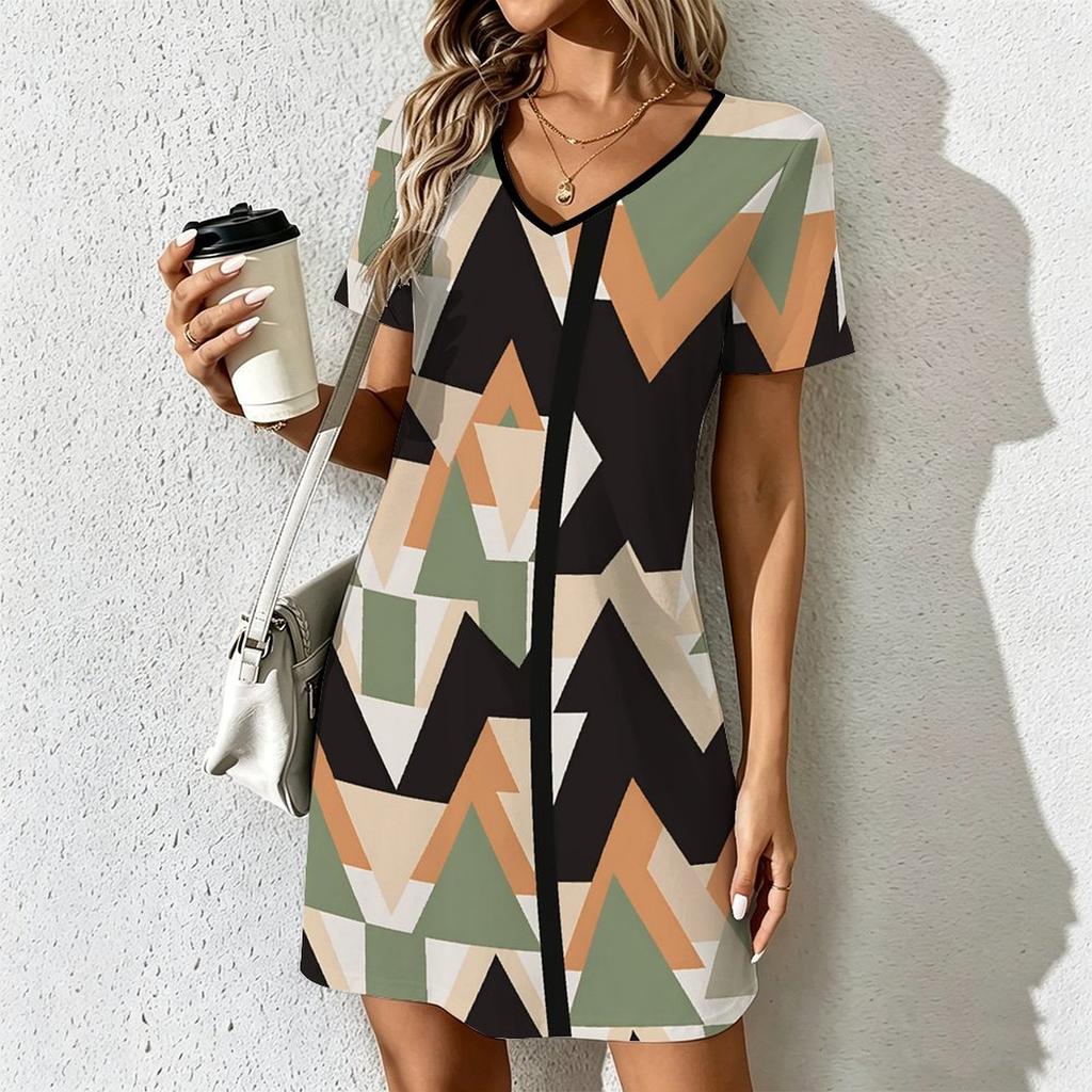 Summer Fashion Women's V Neck Short Sleeve Abstract Pattern  Printed  Dress Sex Short Skirt Dresses