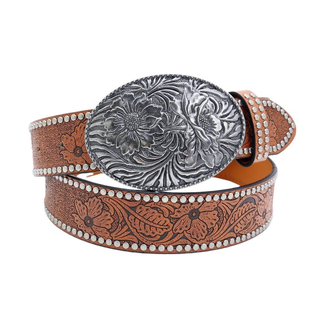 Western Denim Belt Carved Large Board Buckle Vintage Edge Bead Men'S Punk Hip Hop Leather Belt