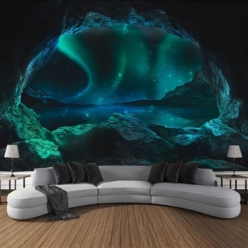 2D Northern Lights Cave Tapestry Green Aurora Borealis over Lake Wall Hanging 47.2x31.5inch/120*80cm