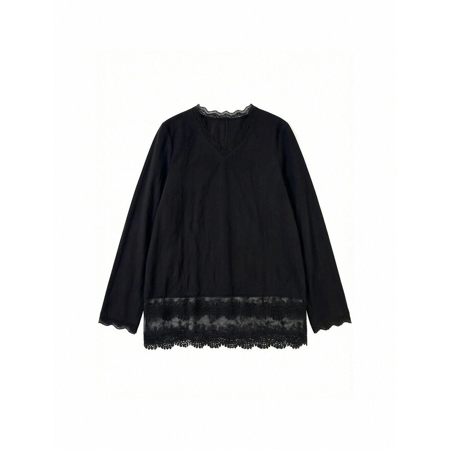 

Plus Size V-Neck Lace Patchwork Long Sleeve Snowflake Cotton Top for Women 3XL (85-105 kg) чорний