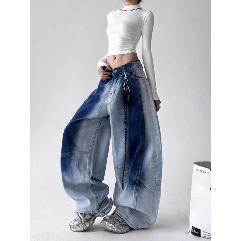 Womens High-Waisted Wide-Leg Washed Denim Pants Loose Fit Cropped Flare Jeans Streetwear Casual