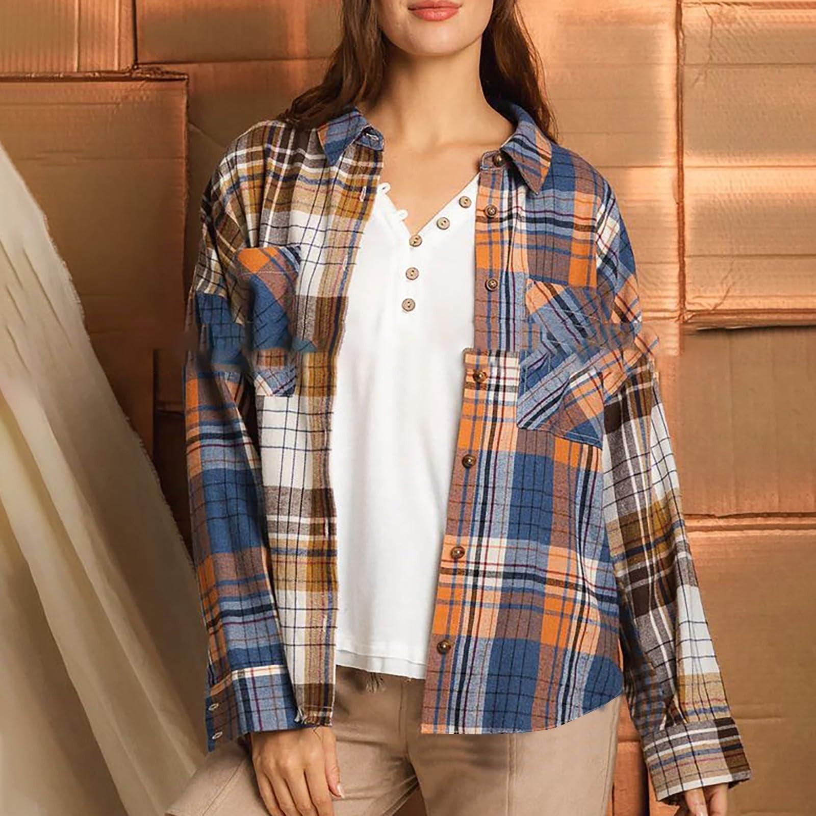 

Женская модная клетчатая рубашка с длинным рукавом и карманом на пуговицах XL синий