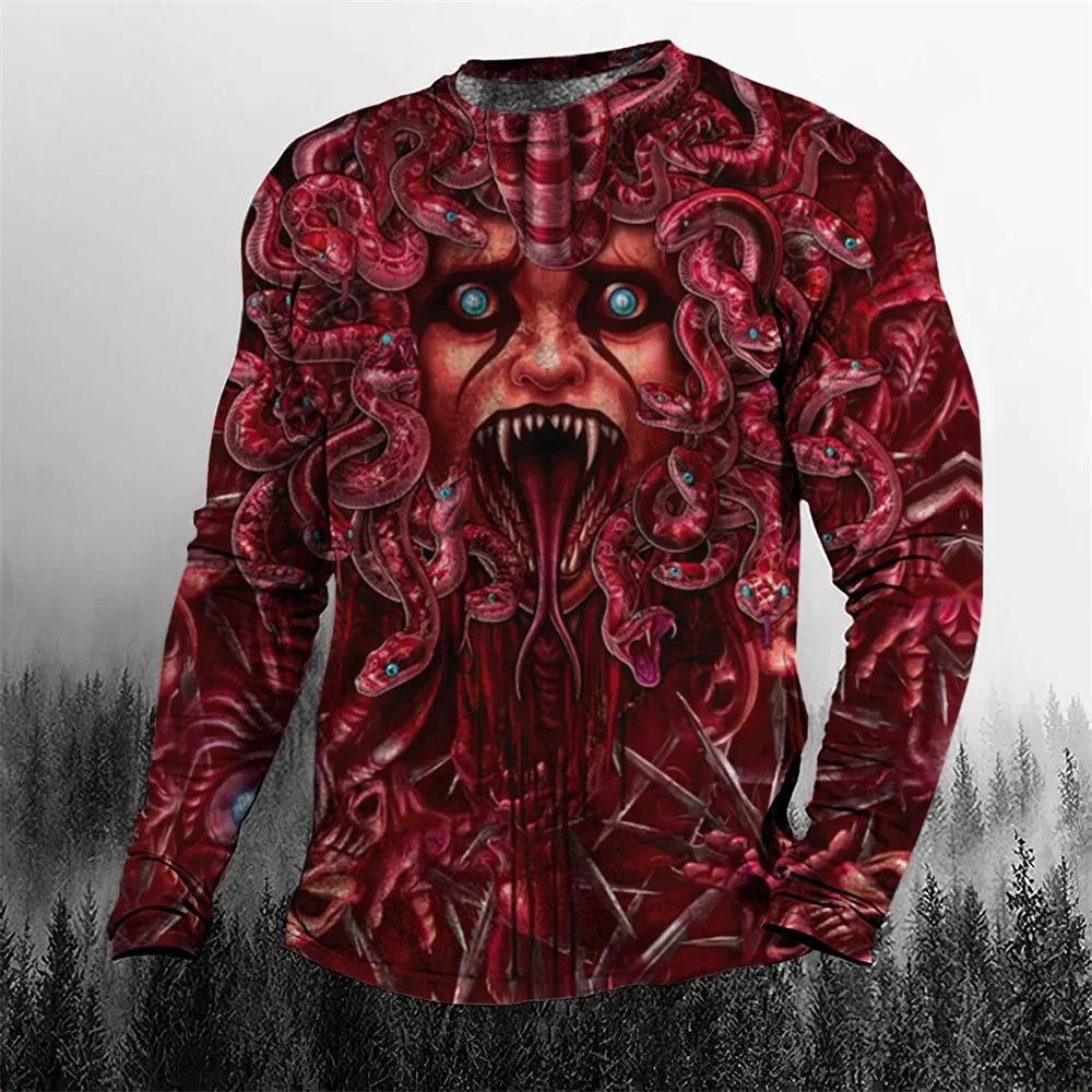 Spooky 3D Zombie Print Long Sleeve T-shirt, Gothic Style for Halloween