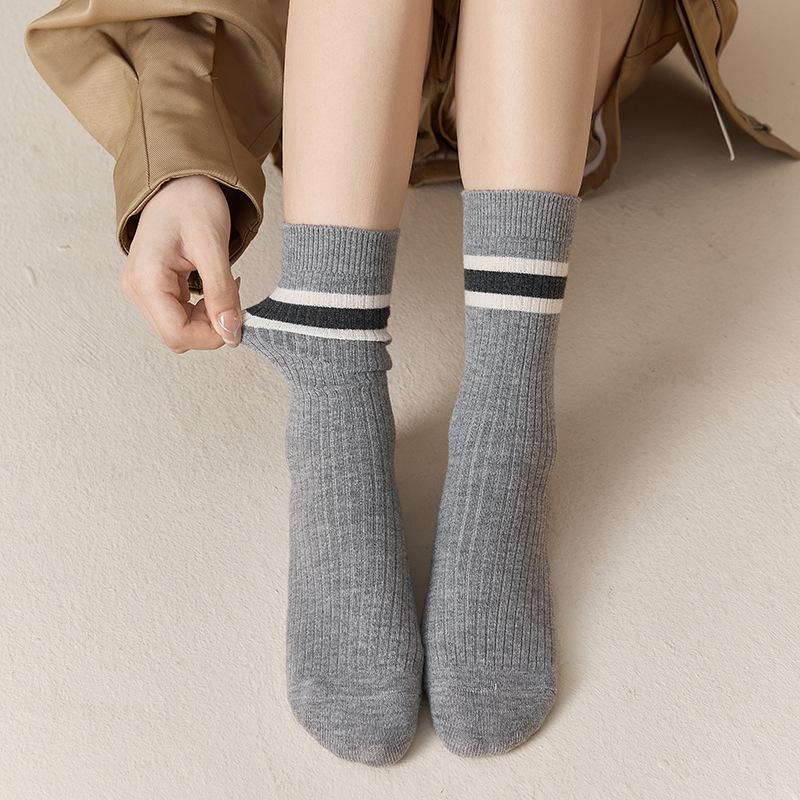 Socks Double Needle Boneless Medium Tube Socks Season Warm Wool Socks Retro Striped Versatile Pile Socks Women'S
