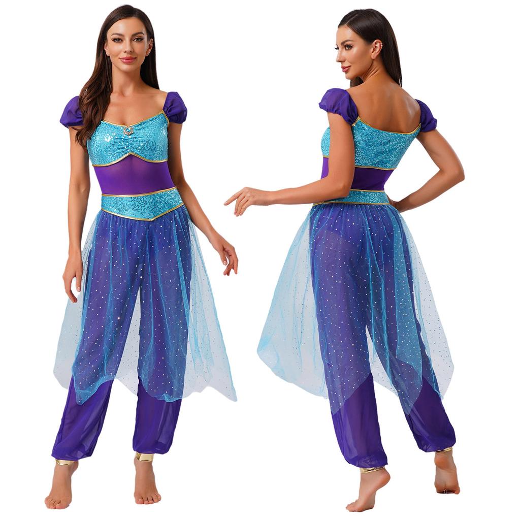 Dam Arabisk Prinsessdräkt Kontrastfärg Ädelstensdekor Paljettprydd Tyllöverdel Ärmlös Jumpsuit Magdans Romper