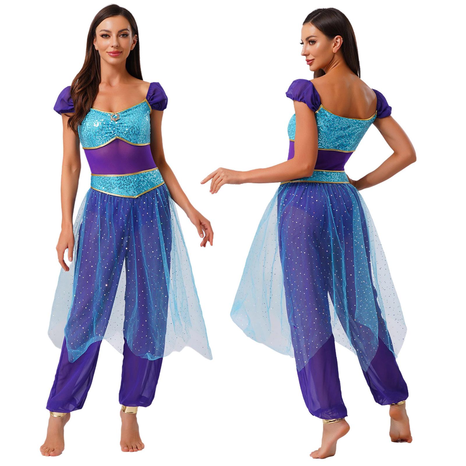 

Womens Arab Princess Costume Contrast Color Gem Decor Sequined Tulle Overlay Sleeveless Jumpsuit Belly Dance Romper S синій