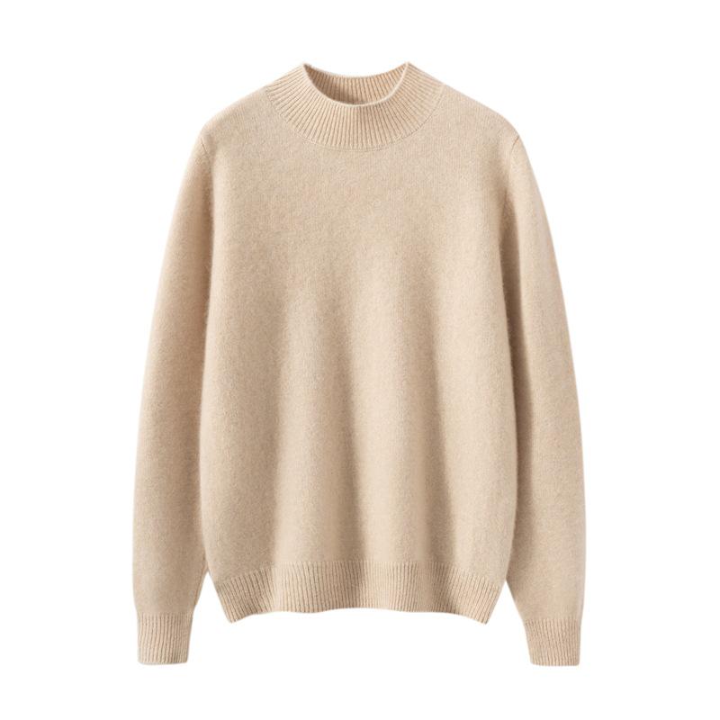 Women's 100% Cashmere Pullover Sweater, Half-High Collar, Long Sleeve, Thick Knit, Autumn/Winter Style.