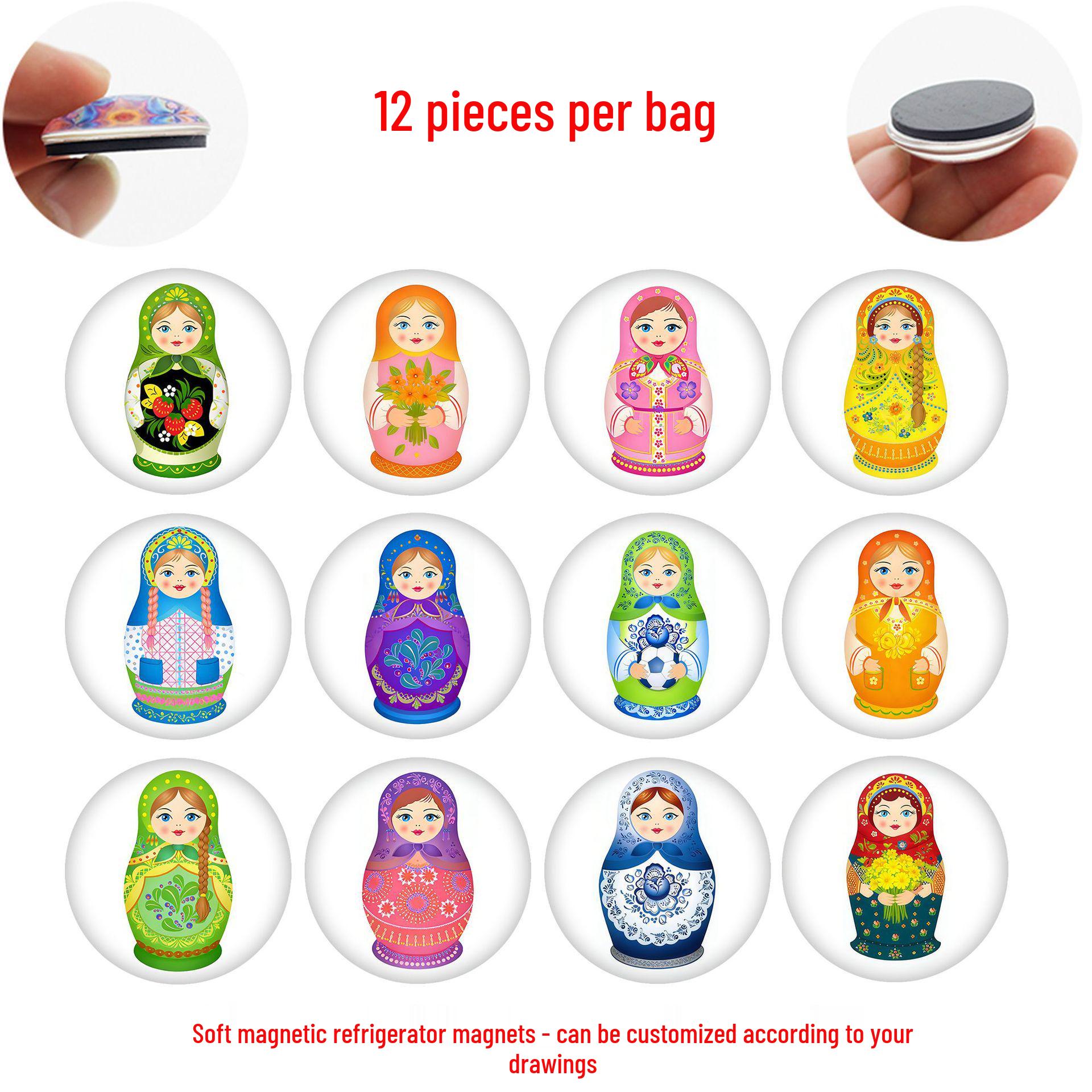 

Cartoon Cute Colorful Matryoshka Doll Magnetic Fridge Sticker Decoration 25 mm Refrigerator Magnet Set of 12 (SMH506)