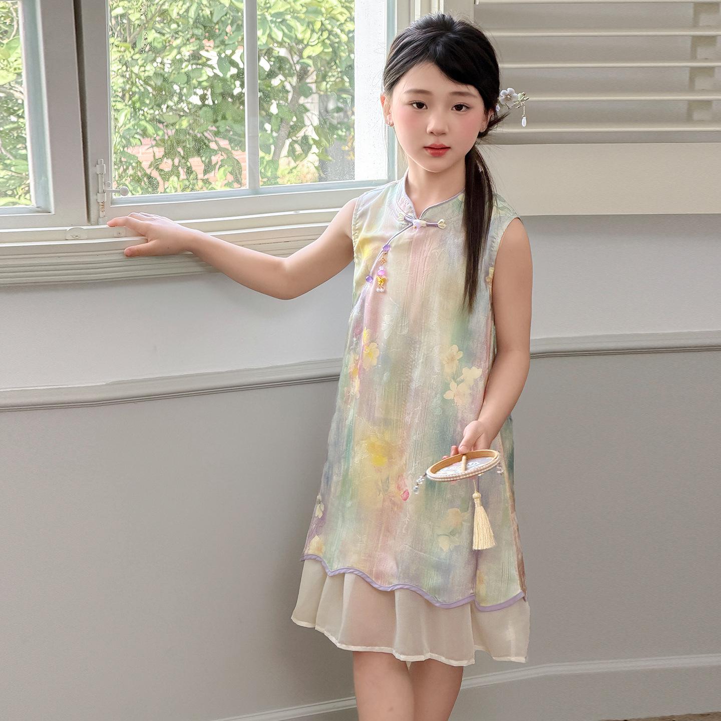 Girls Summer 2026 Hanfu Qipao Dress - New Chinese Style Princess Skirt 150 cm