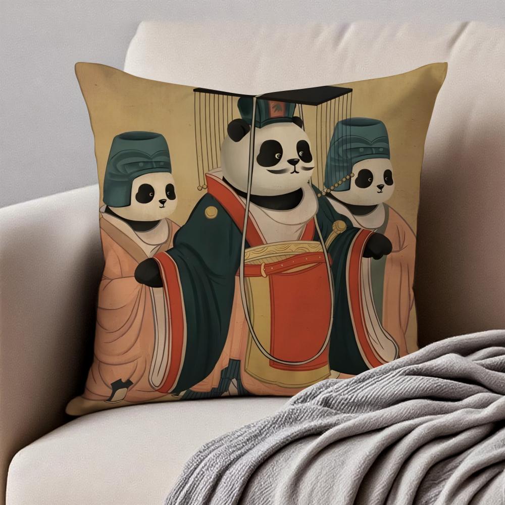 Retro Adorable Cute Panda Cartoon Art Cushion Cover Pillowcase Antidustmite Invisible Zipper Short Plush Sofa Cushion