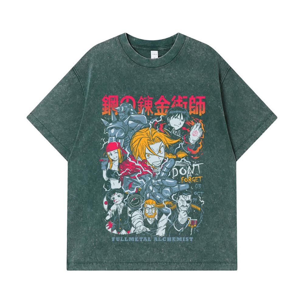 Camisetas Lavadas de 275 GSM 100% Algodón Fullmetal Alchemist V1 Estampado Unisex Camiseta Pesada de Algodón