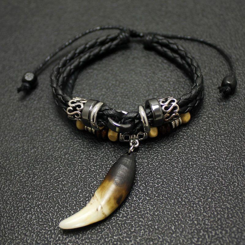 

Плетеный вручную ремешок в древнем стиле, мужской, с одним настоящим зубом черной собаки 003 black with 38mm black teeth