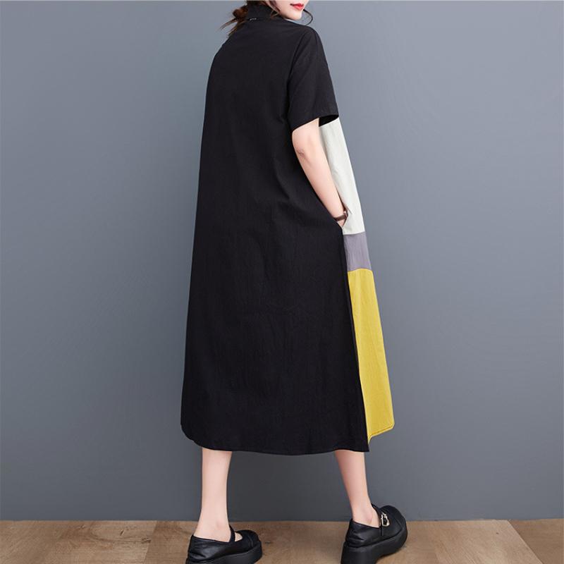 Short Sleeve Patchwork Contrast Color Dresses for Women Loose Casual Vintage Dress Fashion Elegant Clothes Spring Summer 2025