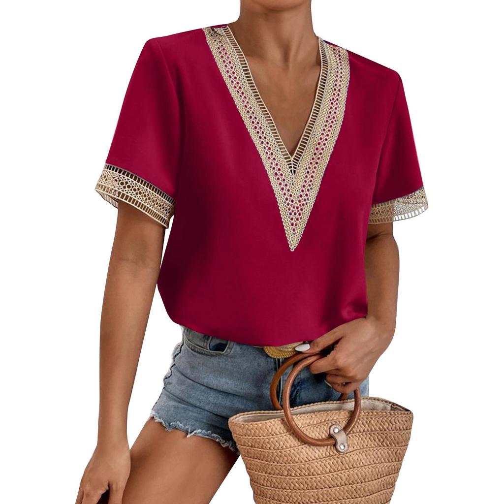 Women's Fashion Lace Trim Short Sleeve Chiffon Top