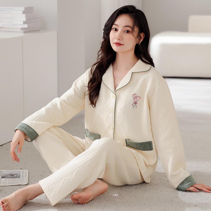 Air Cotton Pajamas Women's Spring and Autumn Thickened Pure Cotton Long-sleeved Women's Autumn and Winter Interlayer Thin Padded Loungewear