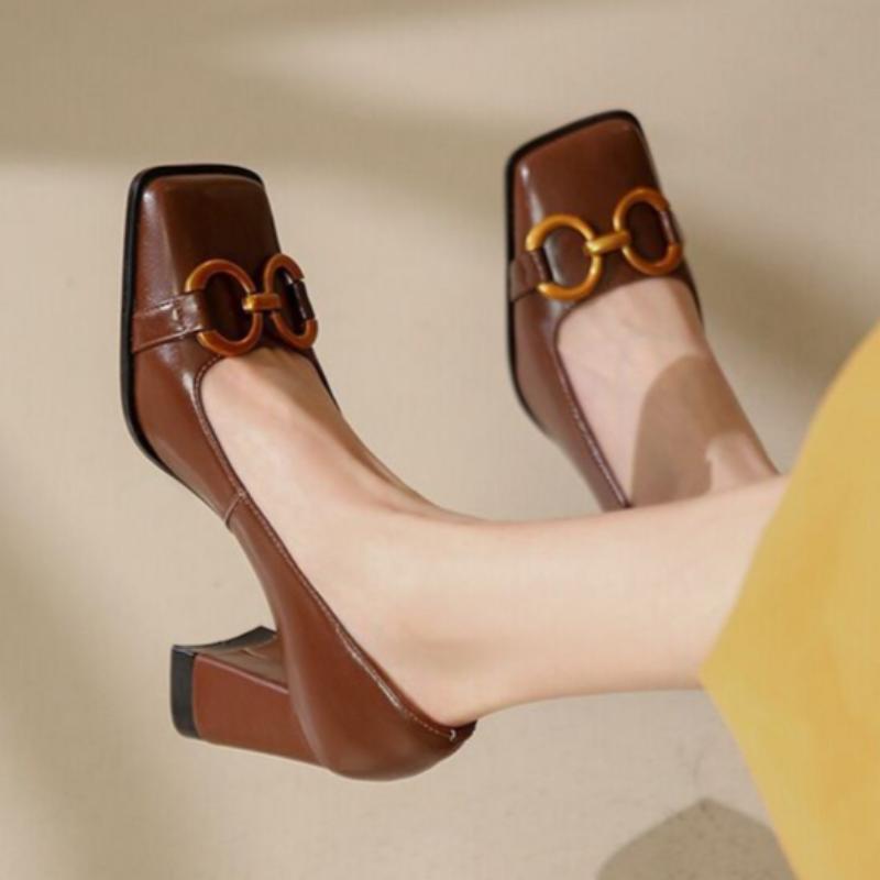 Spring Women's Retro Fashion Shoes French High-end Design Metal Buckle Temperament Square Toe Thick Heel High Heels