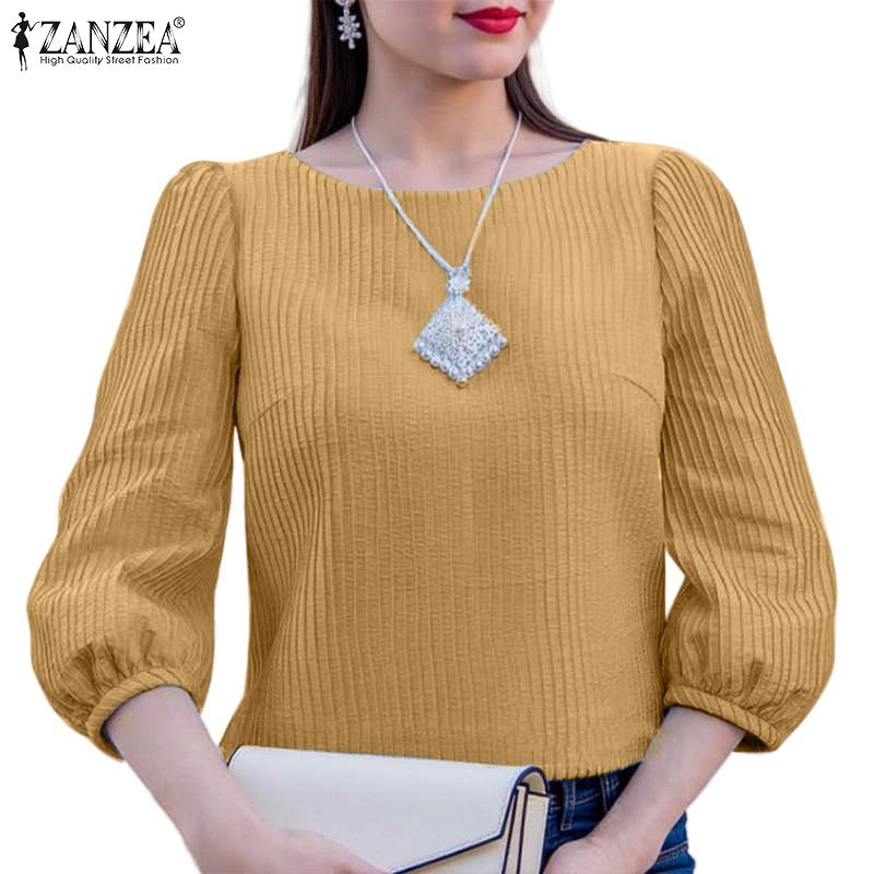 

ZANZEA Women Casual O-neck 3/4 Sleeve Loose Pleated Blouse 5XL хакі