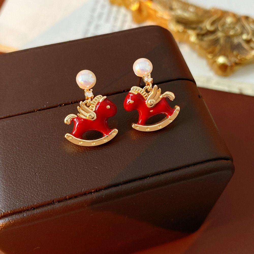 Chinese Horse New Year Cartoon Horse Earrings Zodiac Pony Red Drop Earrings  Girl