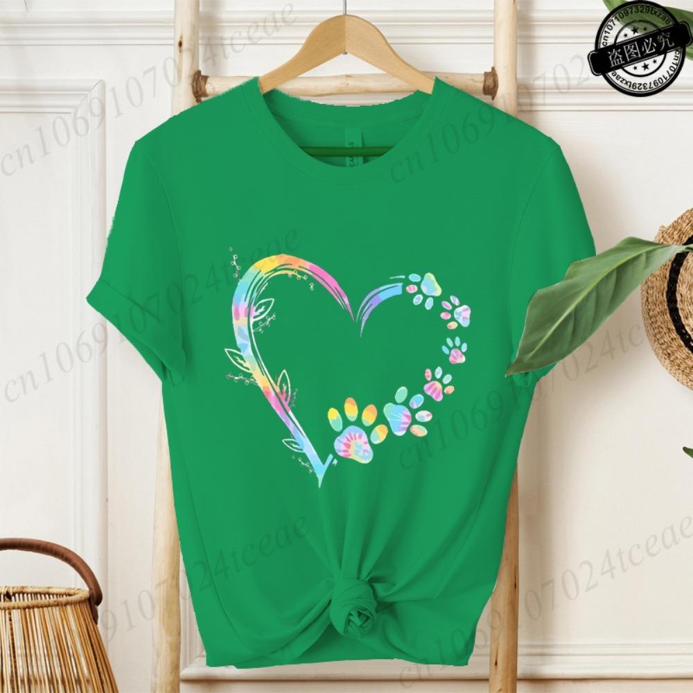 Heart Dog Paw Print Women's T-shirt, Graphic T-shirt, Short-sleeved T-shirt, Summer Fashion, Casual Street Fashion Top
