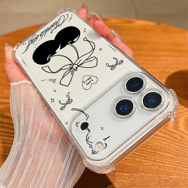 Bowknots Cherry Pattern Case For iPhone 17 Pro Max Coque iPhone 16 15 14 13 Pro Max 11 Shockproof Clear Soft Silicone Cover