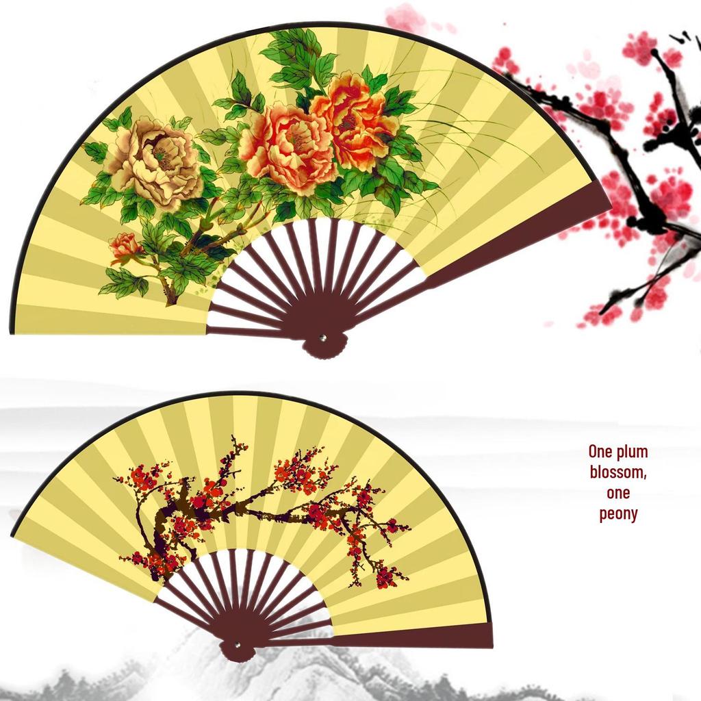 Consort Yang's Drunkenness Folding Fan - Plum Blossom, Peony, Pear Blossom Design with Peking Opera and Liangzhu Butterfly Themes