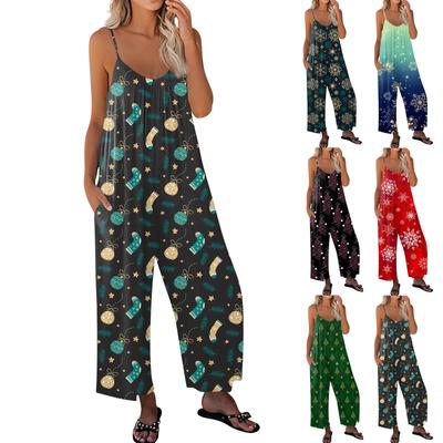 Dames mouwloze jumpsuit losse pasvorm casual wijde pijpen romper met verstelbare spaghettibandjes en zijzakken geschikt voor vakantie en dagelijks gebruik