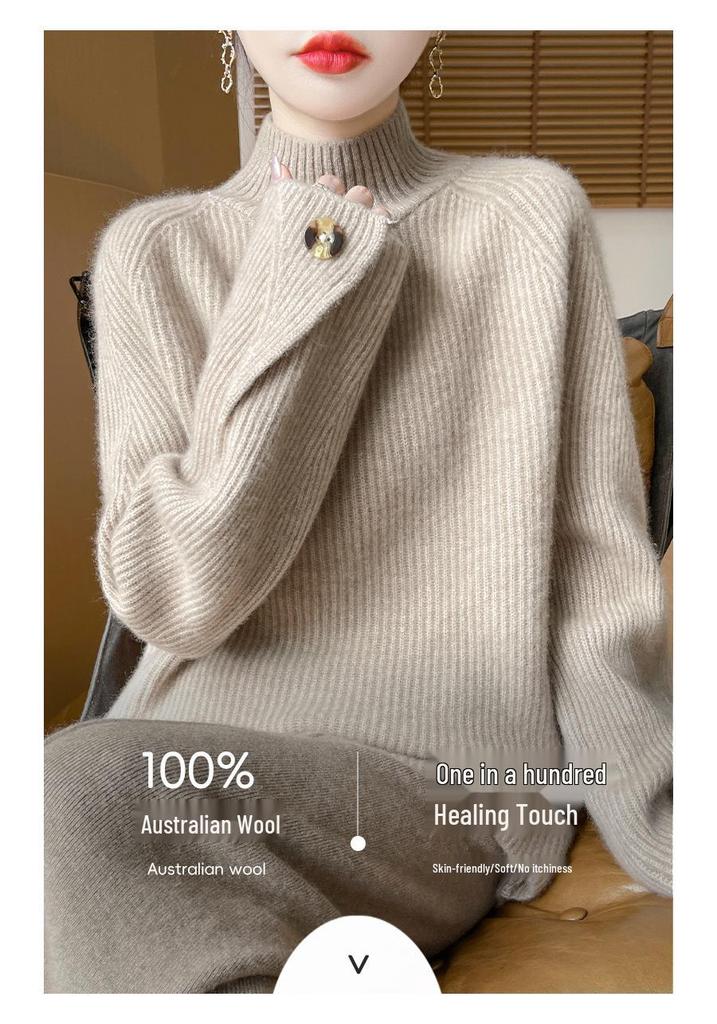 Women's Thick Wool Knit Pullover Sweater - Half-High Neck, Loose Fit, Cozy Style