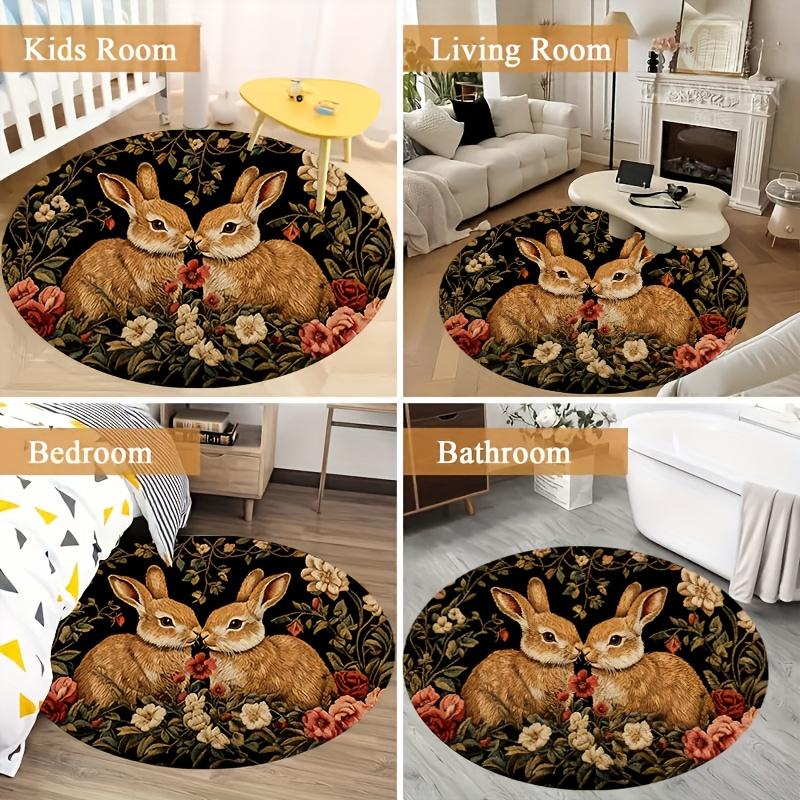 1Pcs Retro Oil Painting Style Bunny Round Carpet Soft Non-Slip Area Rug Colorful Floral Mat for Bedroom Entryway Decor