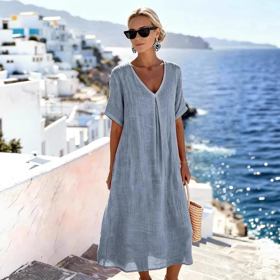 2026 New Casual Spring/Summer V-Neck Short Sleeve Loose Long Dress - Solid Color Cotton Linen