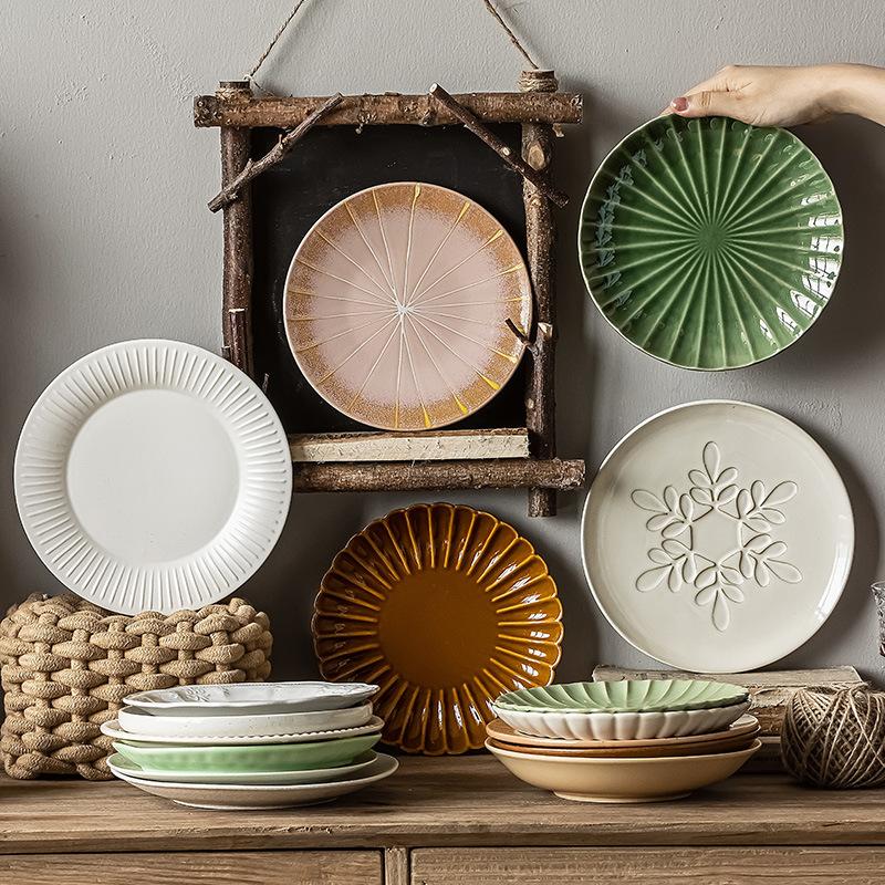 Plates, Dishes, Household Ceramic Tableware, Round Plates, High-Value Plates, Fruit Plates, Japanese Retro Shallow Plates
