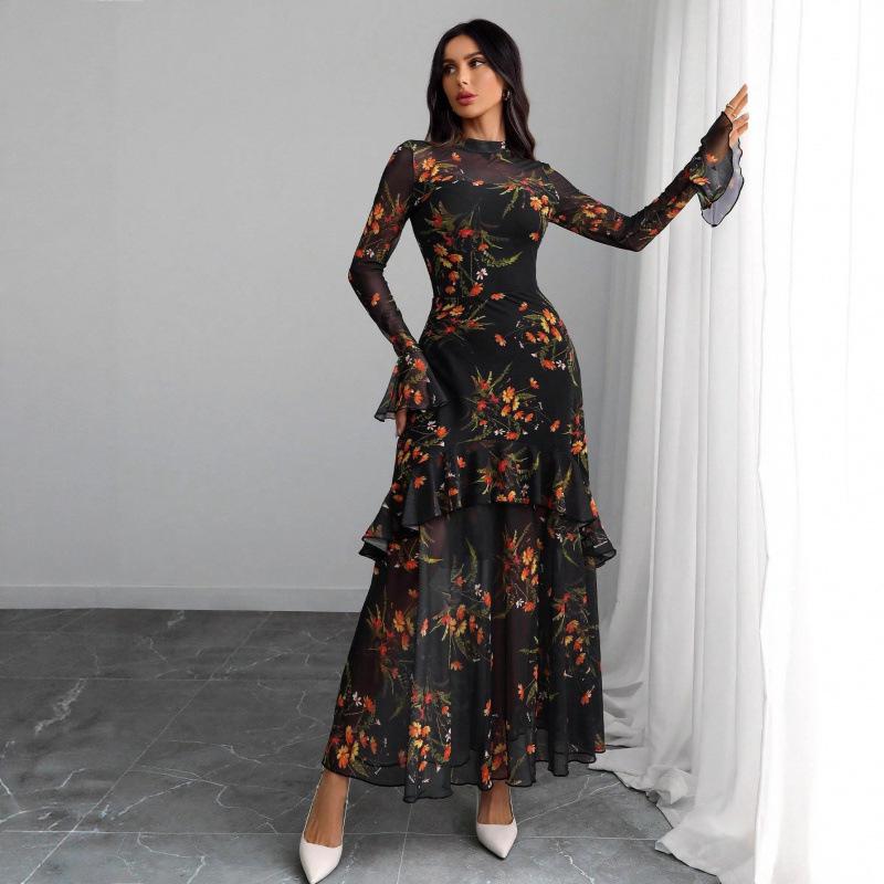 Women s Black Floral Ruffle Sleeve Dress L чёрный