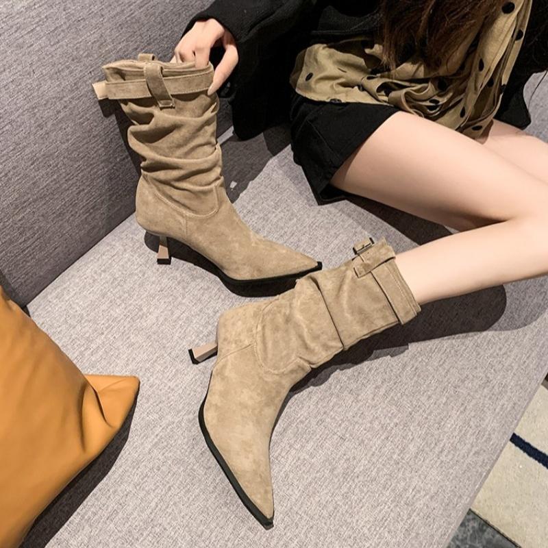 Fashion Mid Heels Women's Pointed Toe Ankle Boots Fashion Suede Buckle Shoes 2025 Winter New Chelsea Short Boots Cool Pumps Zapatillas