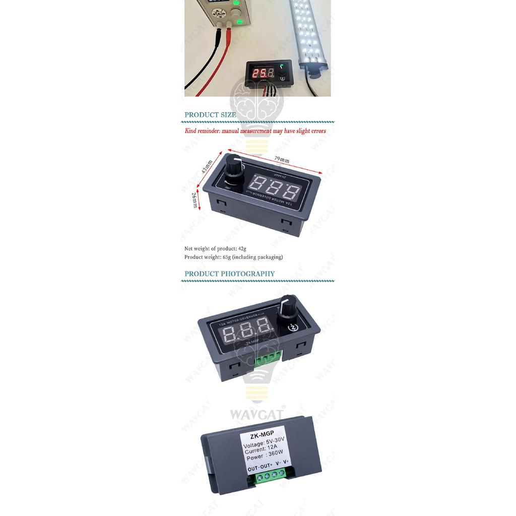 ZK-MGP Adjustable Speed PWM DC Motor Controller 5-30v 12A 360W 6V 12V 24V Slow Start Slow Stop Module